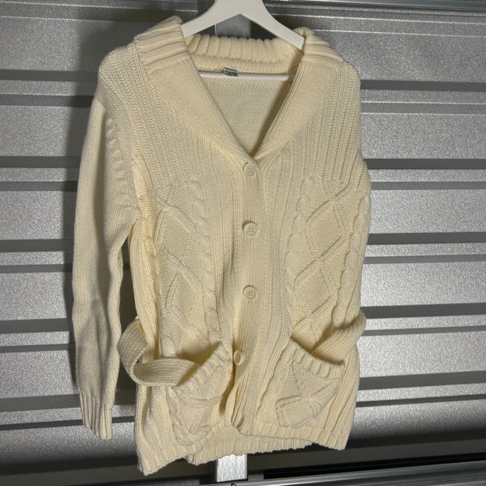 VINTAGE Cable Knit Cardigan Womens M Cream Shawl Collar Belted Grandmacore